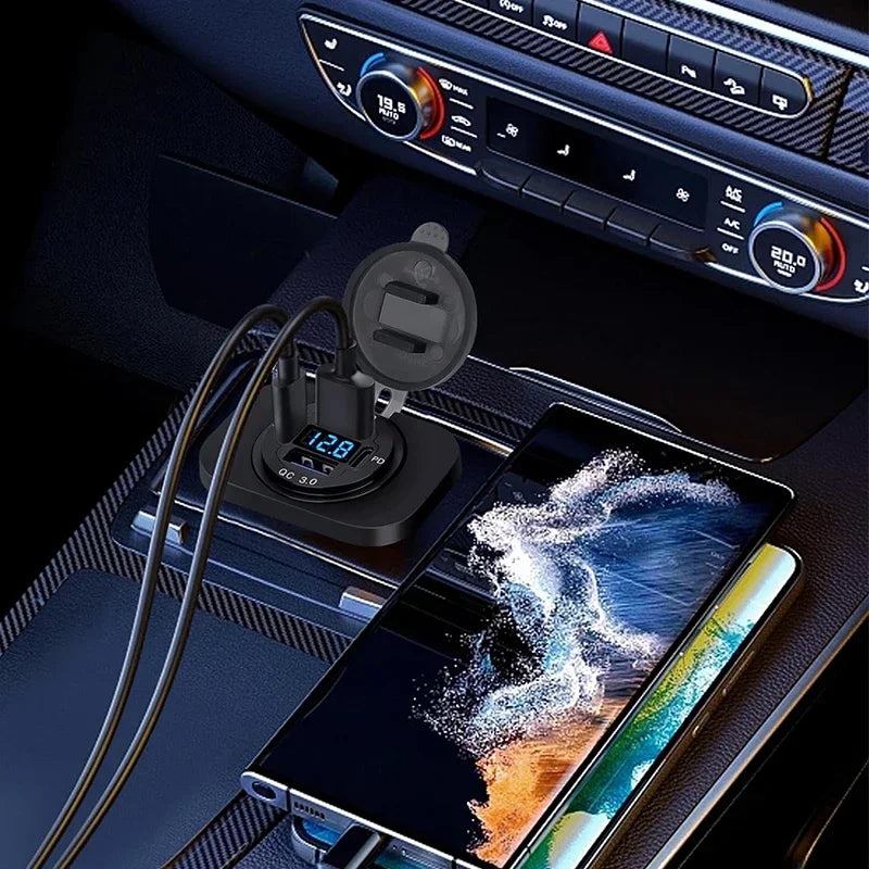 96W Dual PD QC3.0 USB Car Motobike Charger with Voltmeter Socket Power Outlet Adapter Waterproof for 12V/24V Car Boat Truck Moto