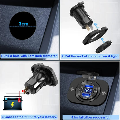 96W Dual PD QC3.0 USB Car Motobike Charger with Voltmeter Socket Power Outlet Adapter Waterproof for 12V/24V Car Boat Truck Moto