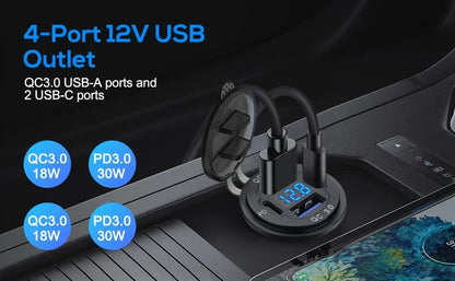 96W Dual PD QC3.0 USB Car Motobike Charger with Voltmeter Socket Power Outlet Adapter Waterproof for 12V/24V Car Boat Truck Moto