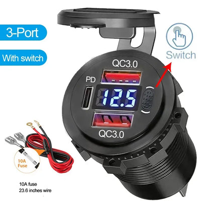 96W Dual PD QC3.0 USB Car Motobike Charger with Voltmeter Socket Power Outlet Adapter Waterproof for 12V/24V Car Boat Truck Moto