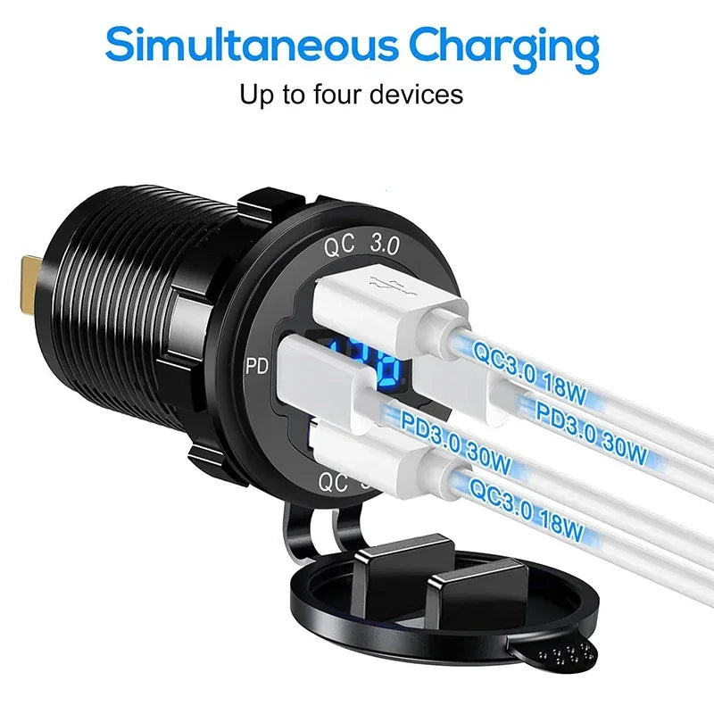 96W Dual PD QC3.0 USB Car Motobike Charger with Voltmeter Socket Power Outlet Adapter Waterproof for 12V/24V Car Boat Truck Moto
