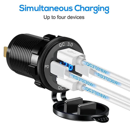 96W Dual PD QC3.0 USB Car Motobike Charger with Voltmeter Socket Power Outlet Adapter Waterproof for 12V/24V Car Boat Truck Moto