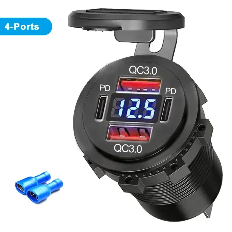 96W Dual PD QC3.0 USB Car Motobike Charger with Voltmeter Socket Power Outlet Adapter Waterproof for 12V/24V Car Boat Truck Moto