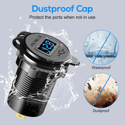 96W Dual PD QC3.0 USB Car Motobike Charger with Voltmeter Socket Power Outlet Adapter Waterproof for 12V/24V Car Boat Truck Moto